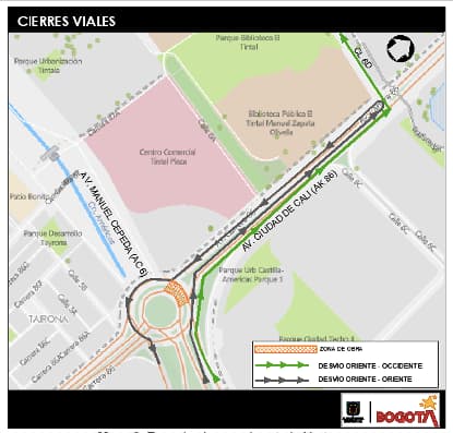 Movilidad en Bogotá cierres glorieta avenida Cali con av. Las Américas mapa 2