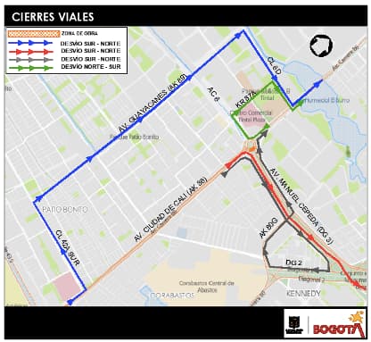 Movilidad en Bogotá cierres glorieta avenida Cali con av. Las Américas mapa 3