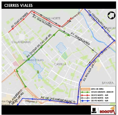 Movilidad en Bogotá cierres glorieta avenida Cali con av. Las Américas mapa 4