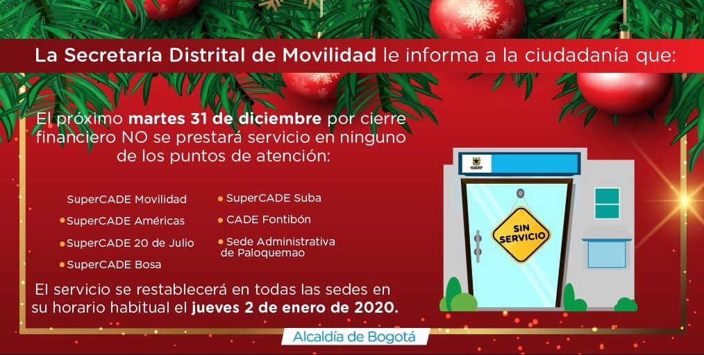 Movilidad no atenderá este 31 de diciembre