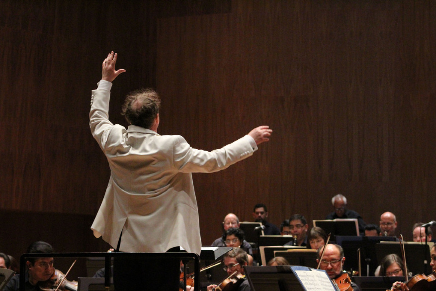 Director de orquesta vestido de saco blanco, de espaldas.