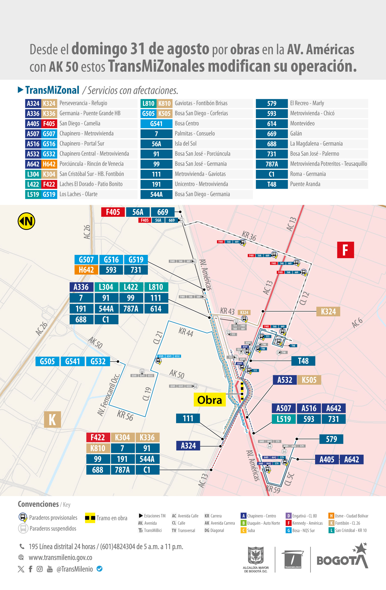 A partir del 31 de agosto, más de 30 rutas de TransMiZonal en paraderos aledaños al punto de la obra modifican sus trayectos de manera temporal.	