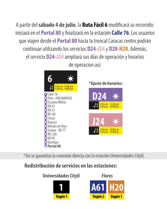Ruta fácil 6 modifica recorrido y D24 y J24 amplían horarios Bogotá 
