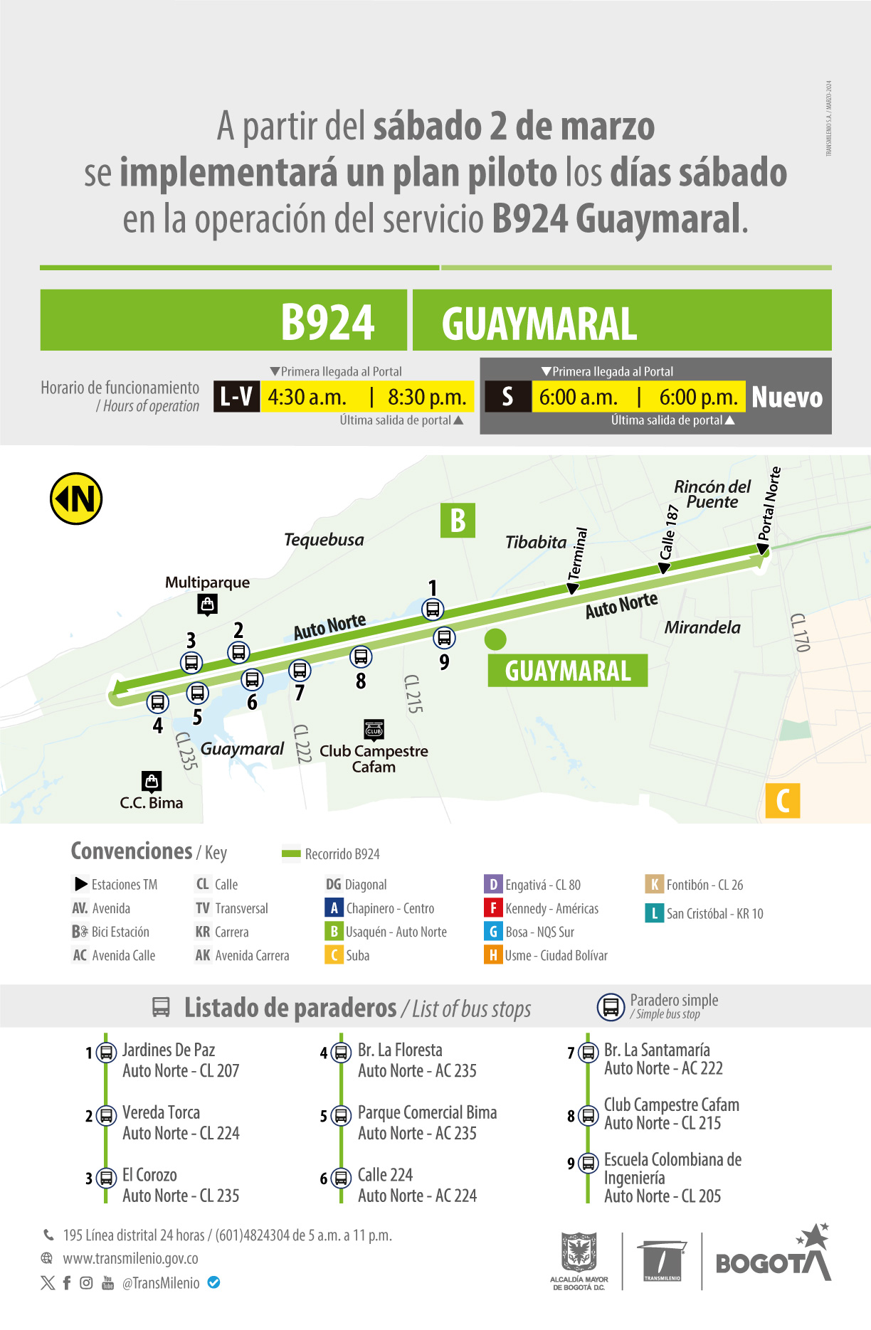 TransMilenio: Plan piloto los sábados para el servicio B924 Guaymaral 