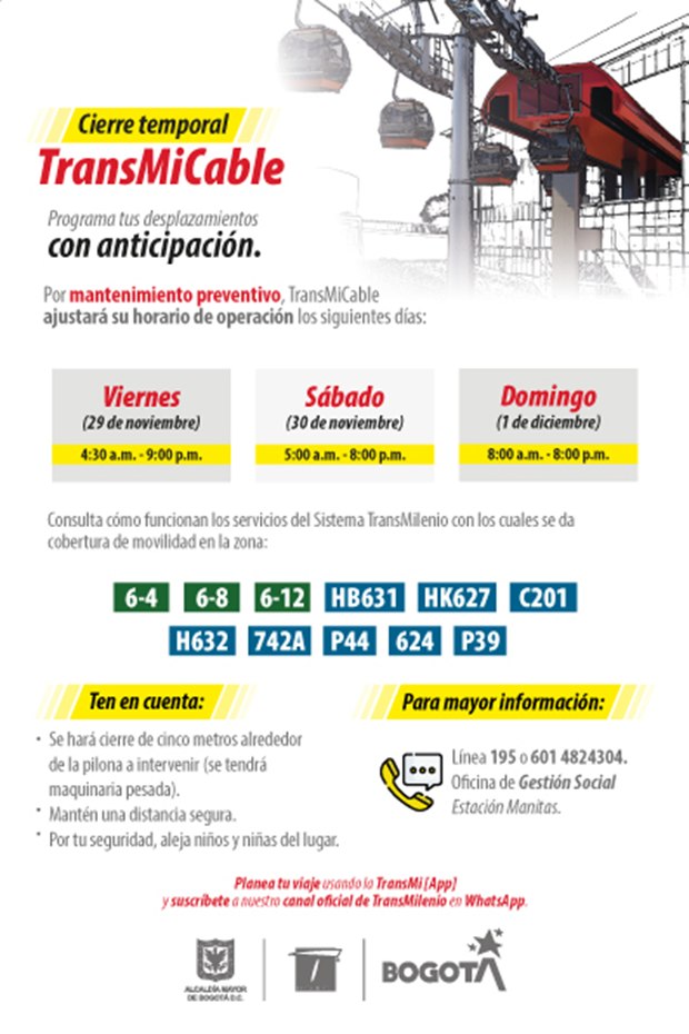 Movilidad Bogotá TransMiCable ajusta horario noviembre 29 diciembre 1