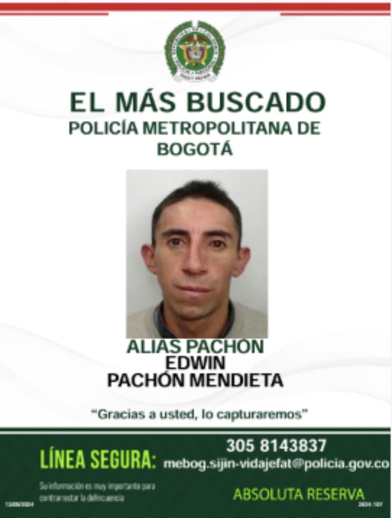 Policía Bogotá ofrece recompensa 10 millones por Edwin Pachón Mendieta