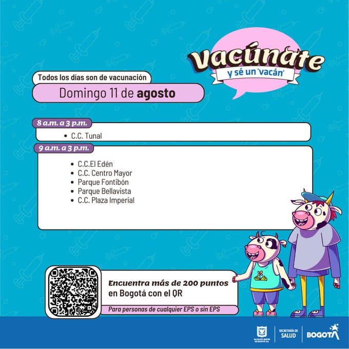 Puntos de vacunacio?n gratuita en Bogota? domingo 11 de agosto