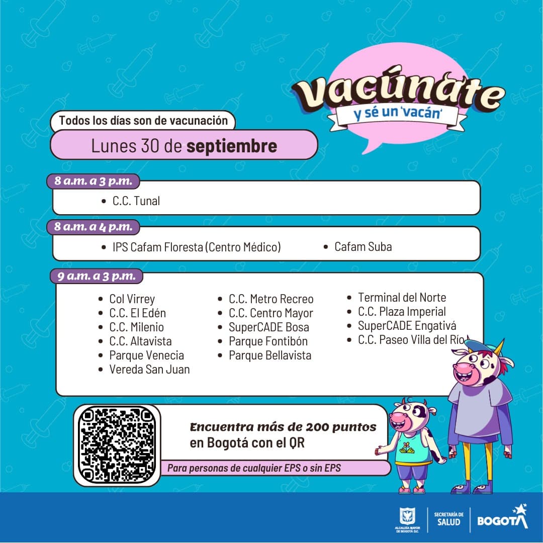 Puntos de vacunación gratuita en Bogotá Lunes 30 de septiembre de 2024