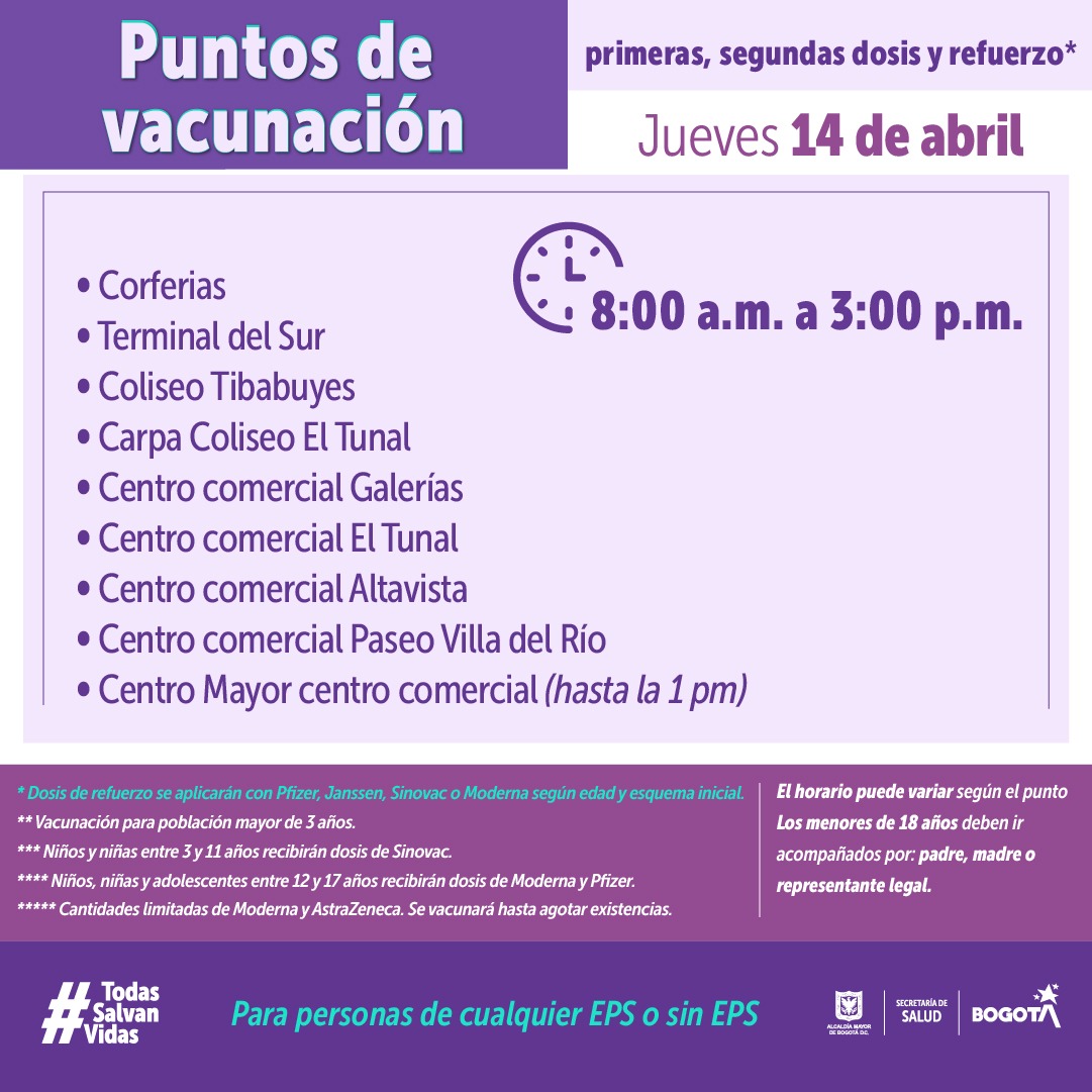 ¿Dónde vacunarse contra COVID-19 hoy 14 de abril de 2022 en Bogotá? 