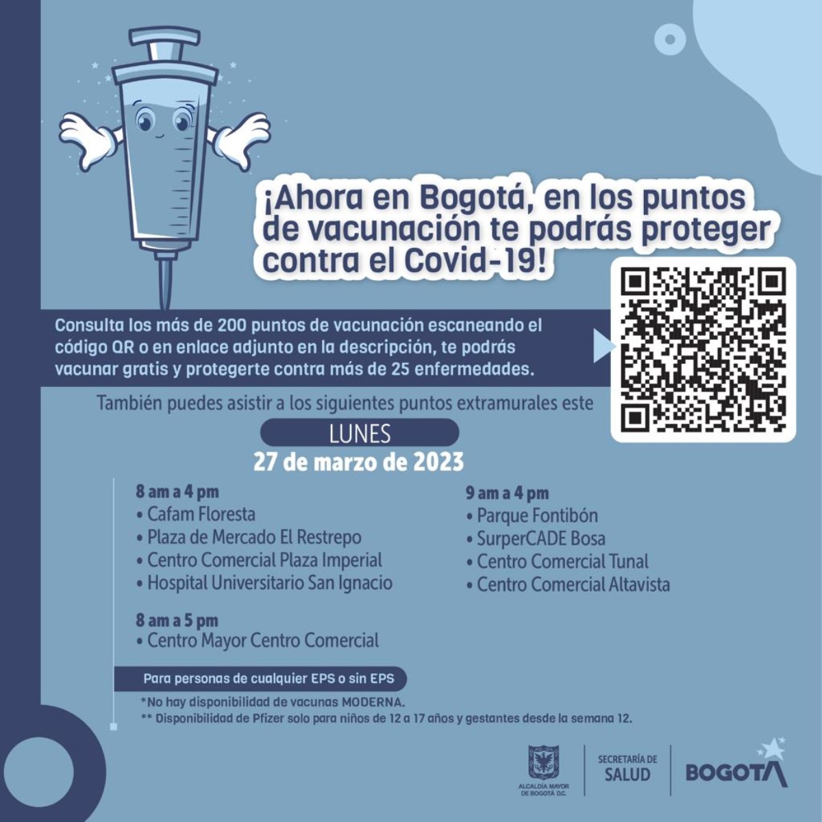 Puntos de vacunación contra COVID-19 en Bogotá hoy 27 de marzo 