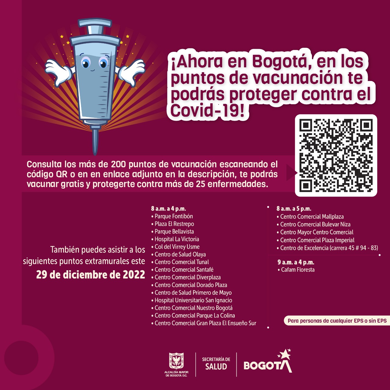 Puntos de vacunación contra COVID-19 en Bogotá hoy 29 de diciembre