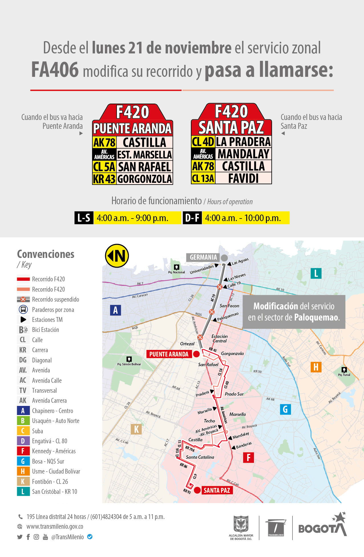TransMilenio: La ruta zonal F406 - A406 modifica su recorrido y nombre