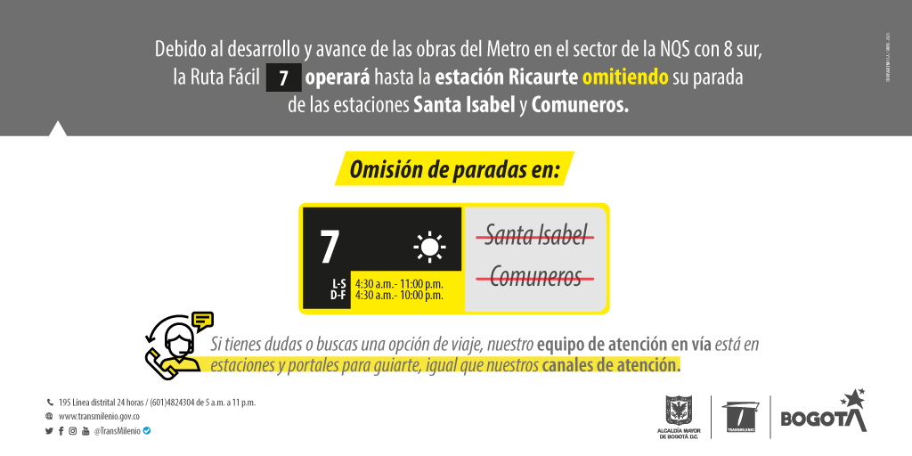 Por obras del Metro de Bogotá la ruta fácil 7 tendrá cambios operacionales