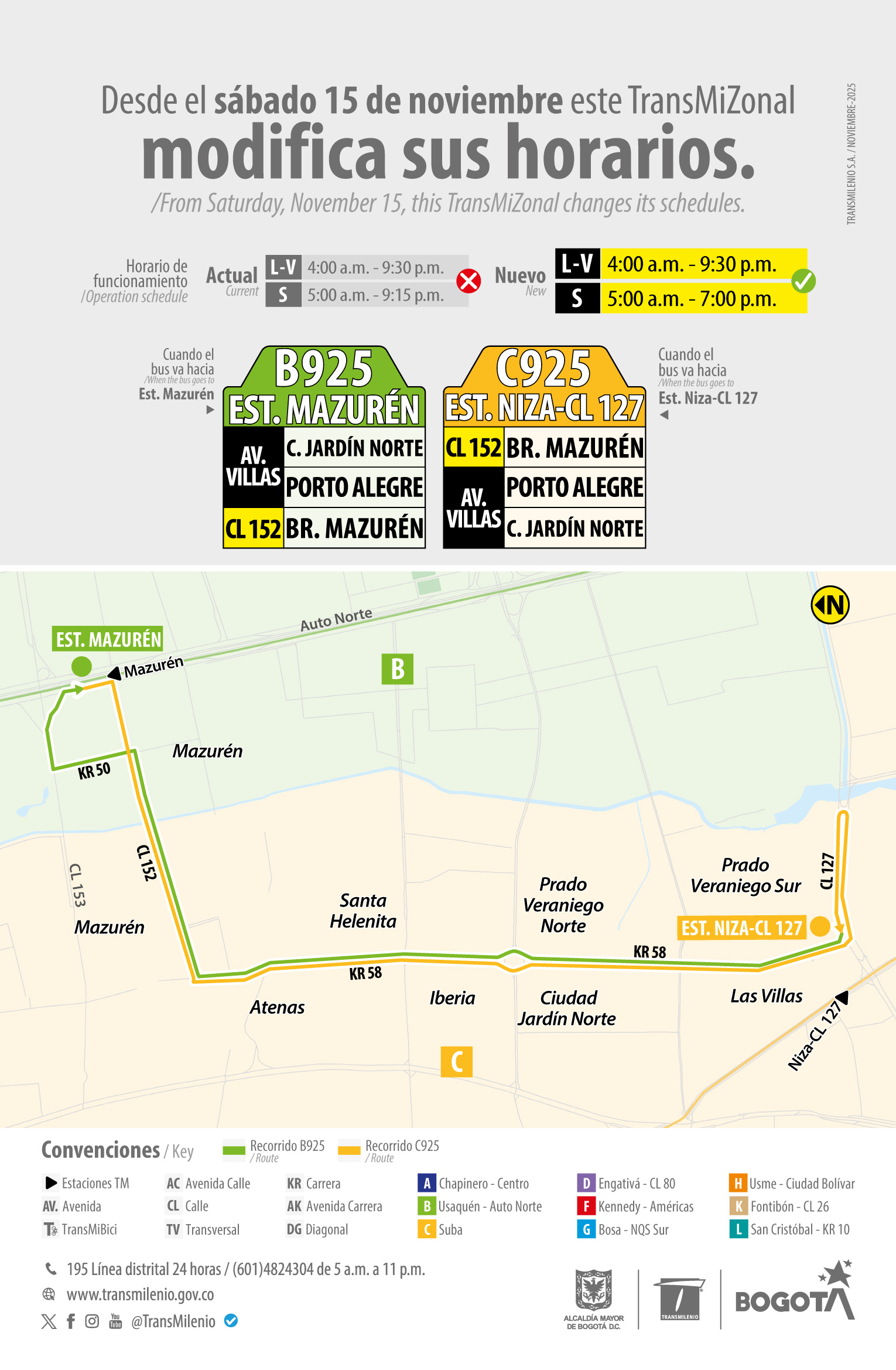 TransMiZonal B925 - C925 modificó su horario funcionamiento Bogotá