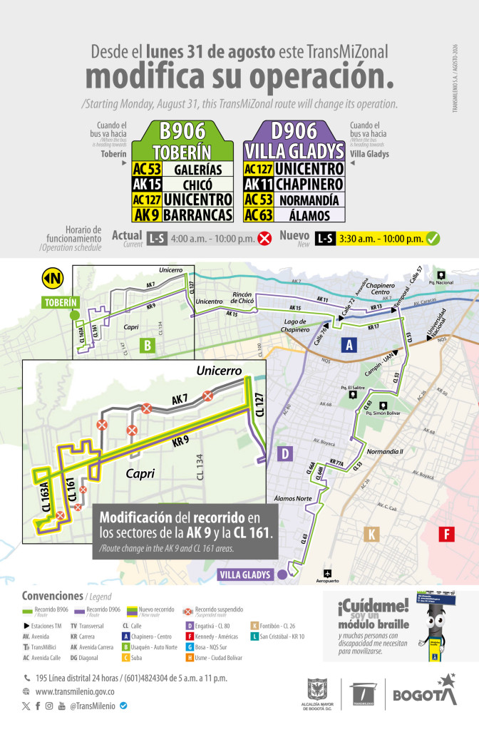 TransMilenio TransMiZonal B906 D906 modificó su recorrido en Bogotá