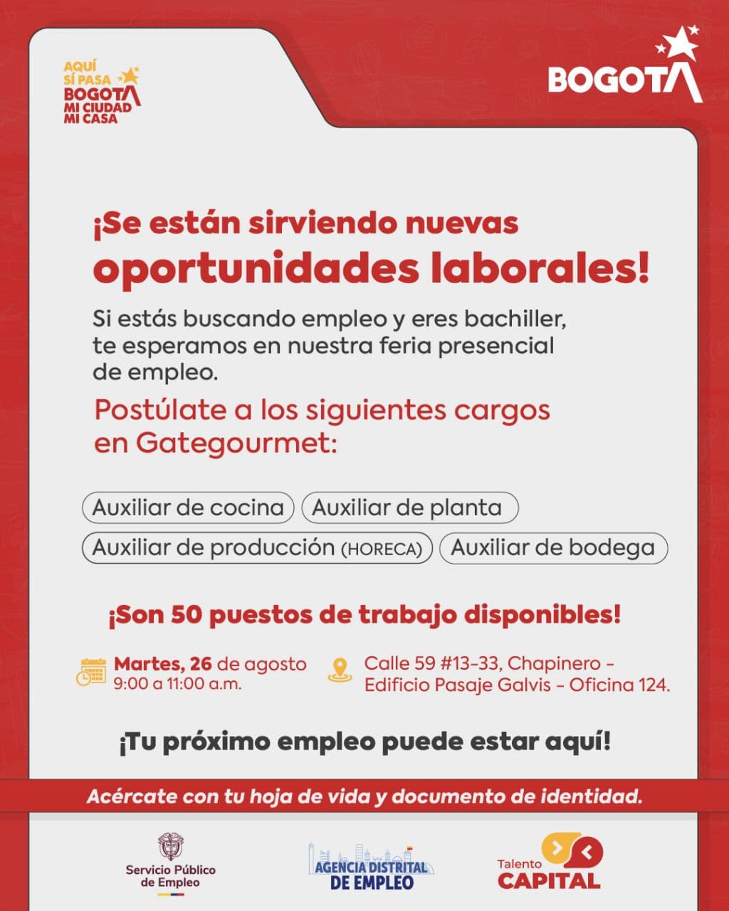 Trabajo en Bogotá 50 vacantes cocina, producción y bodega martes 26 de agosto de 2025