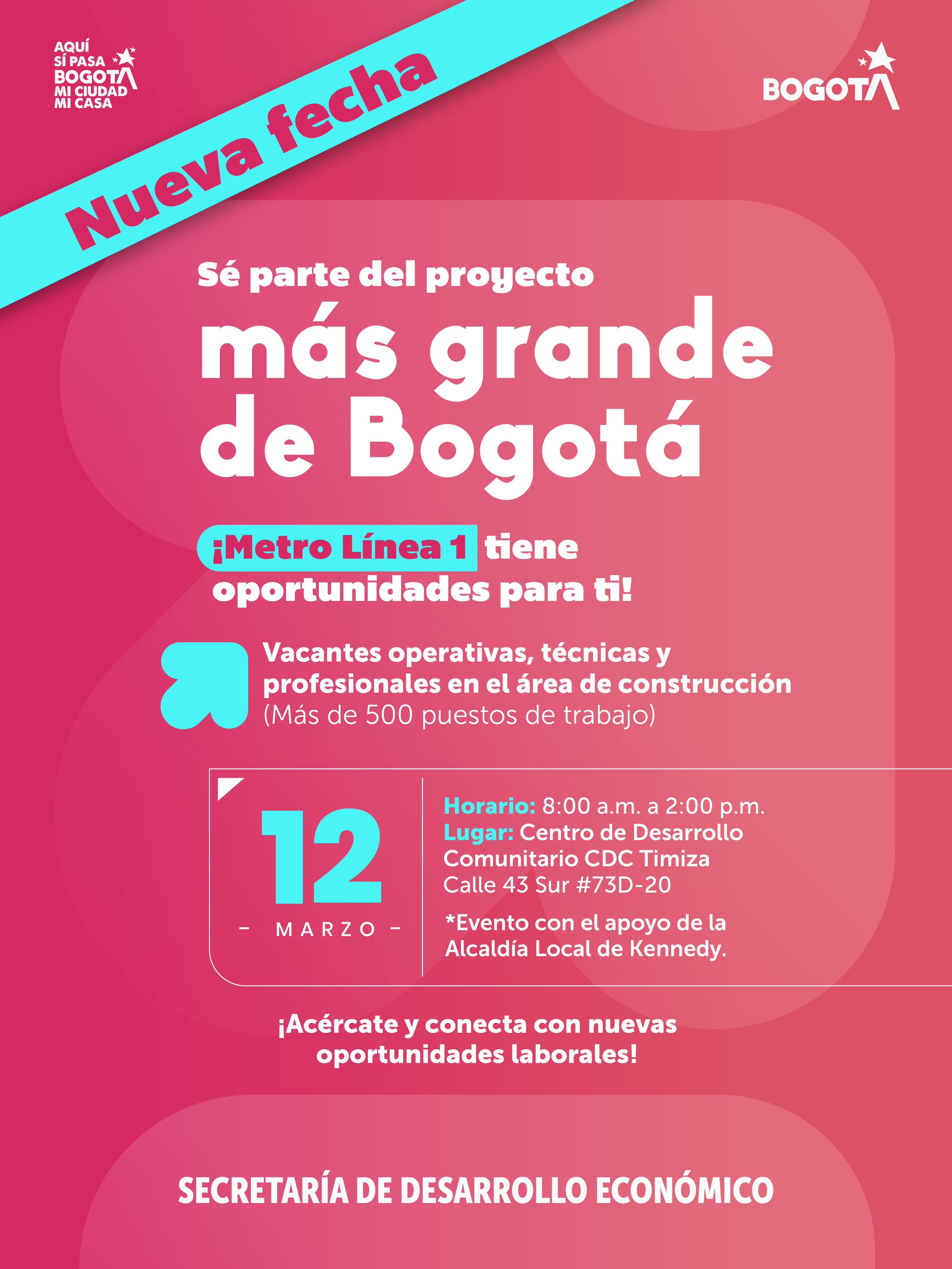 Trabajo en Bogotá 500 vacantes obras Línea 1 Metro jueves de 12 marzo de 2026