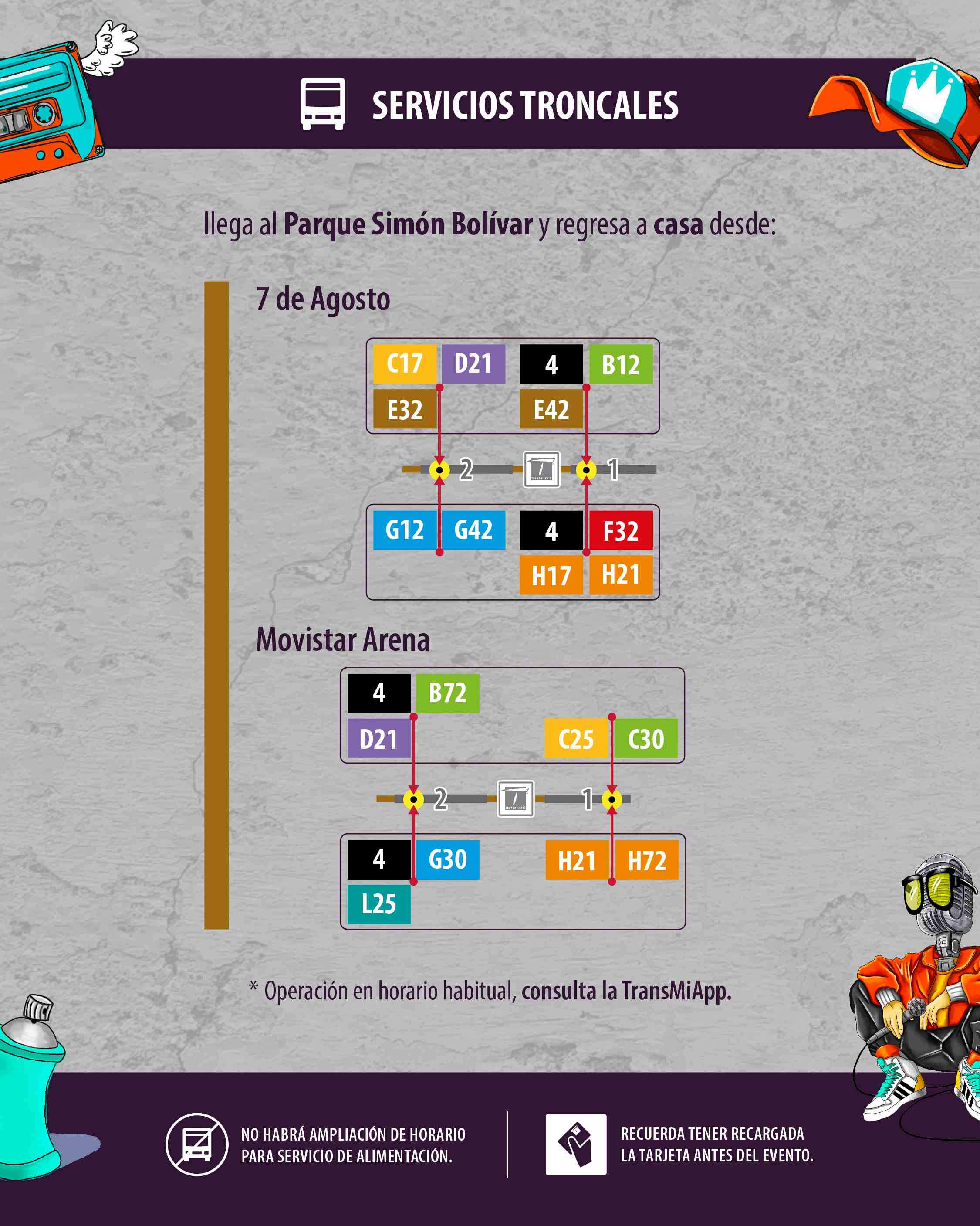 Rutas de TransMilenio para llegar o salir del Festival Hip Hop al Parque 2025