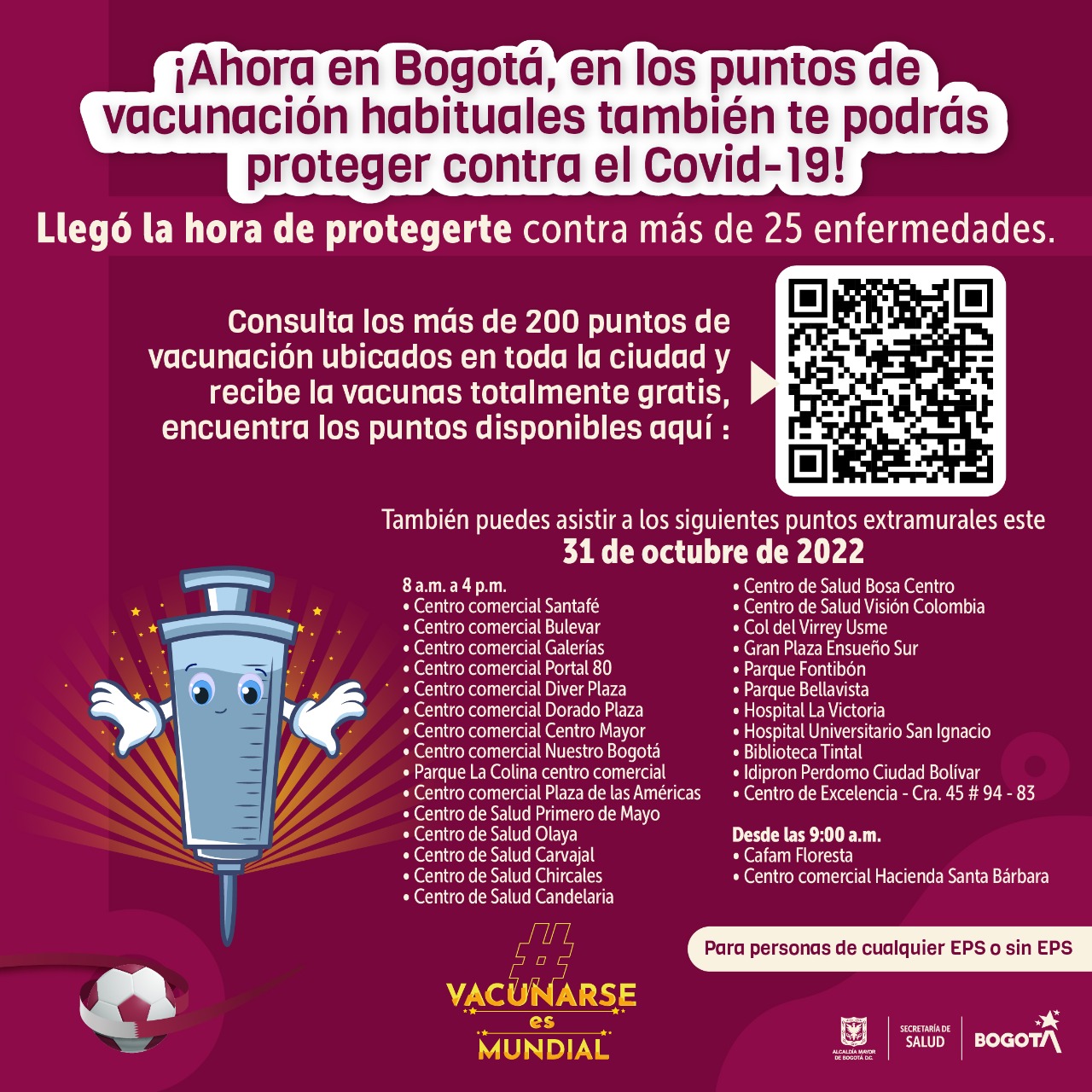 Puntos de vacunación contra COVID-19 en Bogotá hoy 31 de octubre 