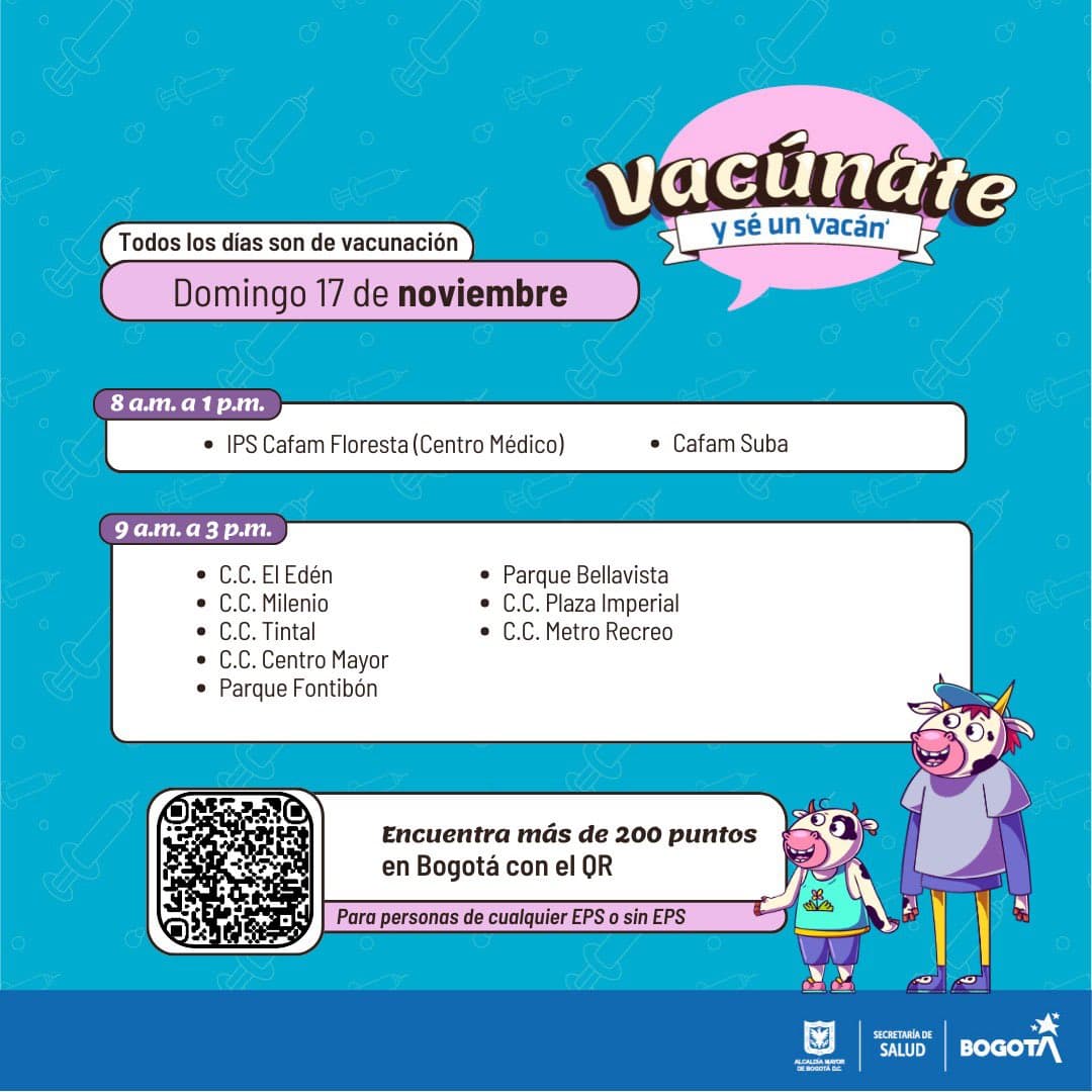 Vacunación gratuita en Bogotá 17 de noviembre puntos habilitados 