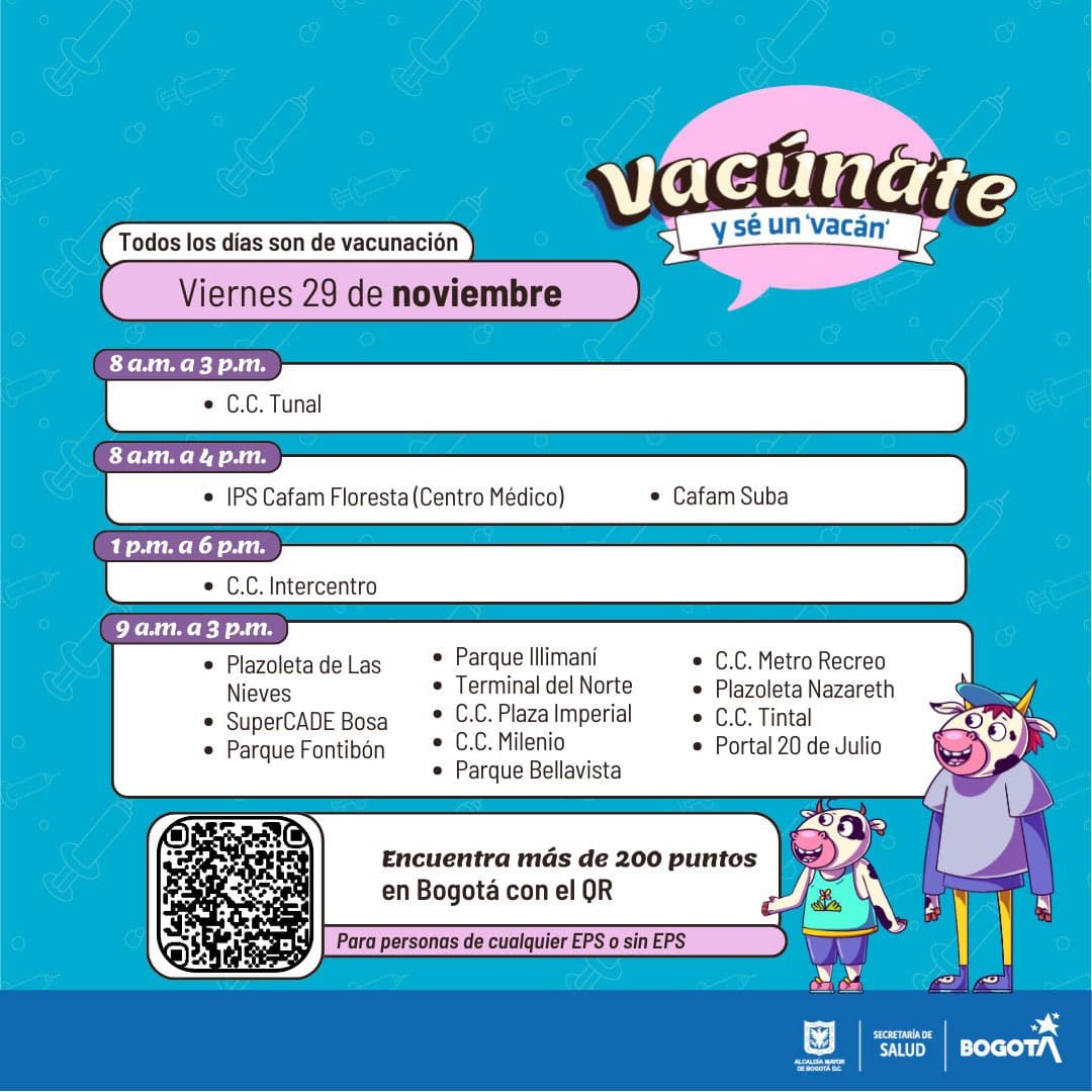 Vacunación gratuita en Bogotá 29 de noviembre puntos habilitados 