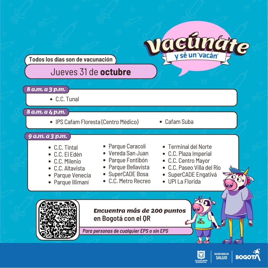 Vacunación gratuita en Bogotá 31 de octubre puntos habilitados 