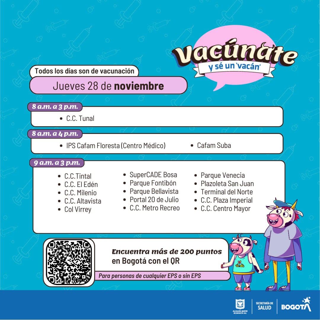 Vacunación gratuita en Bogotá hoy jueves 28 de noviembre puntos habilitados