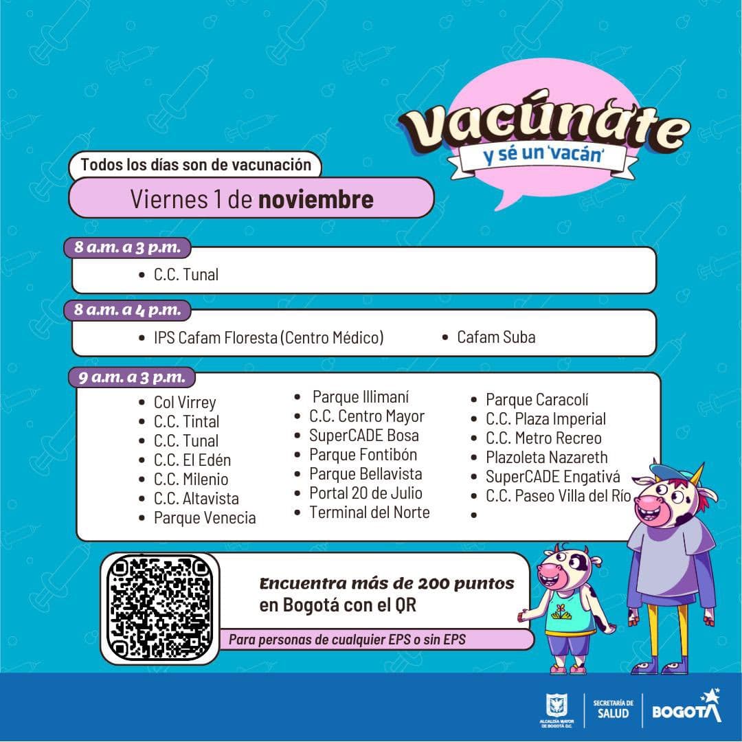 Vacunación gratuita en Bogotá primero de noviembre puntos habilitados 