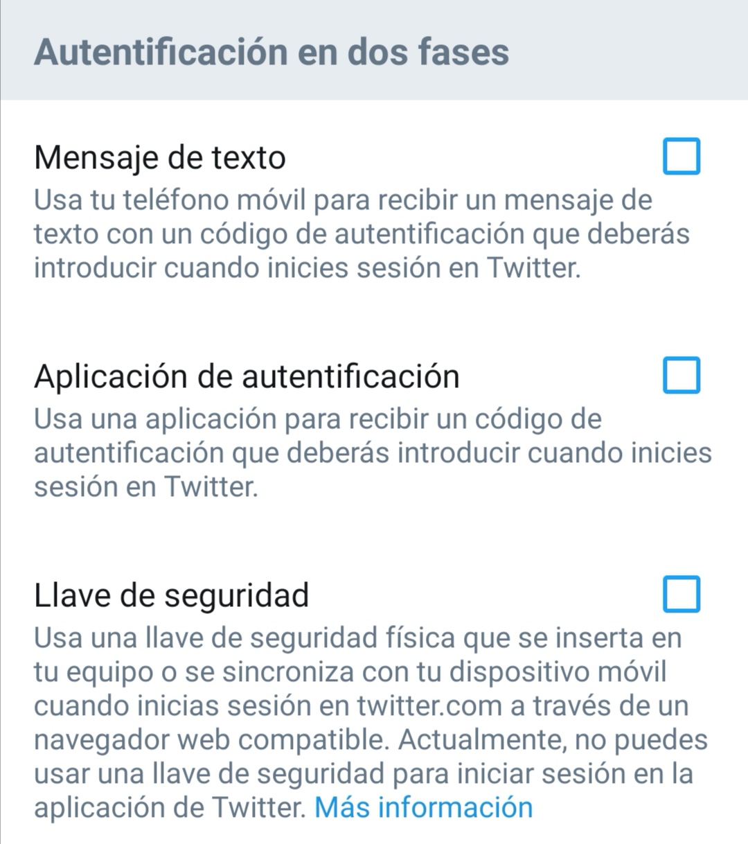 Elige el método de autentificación en dos pasos que prefieras