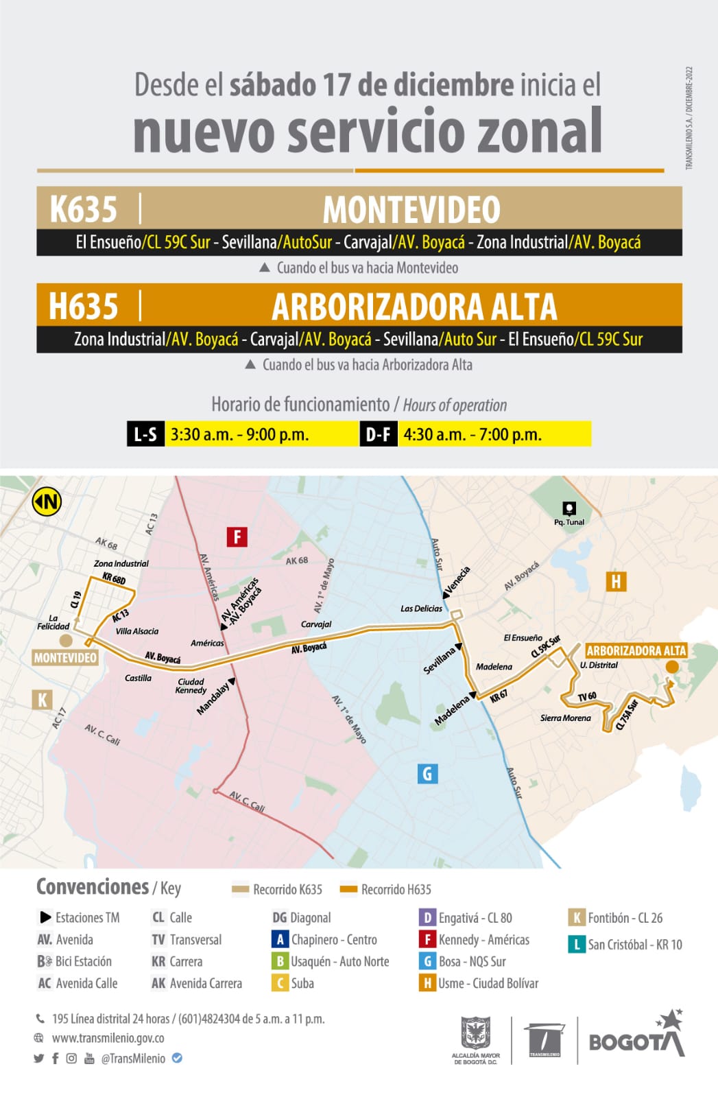 Desde este sábado 17 de diciembre comienza a operar la ruta zonal H635 Arborizadora Alta – K635 Montevideo. Este servicio beneficiará a los habitantes de las localidades Ciudad Bolívar, Kennedy y Fontibón, entre otras. Su horario de operación es de lunes a sábado, de 3:00 de la mañana a 9:00 de la noche, y los domingos y festivos, de 4:30 de la mañana a 7:00 de la noche. Aquí, una imagen con más datos de la ruta zonal H635 Arborizadora Alta – K635 Montevideo. 