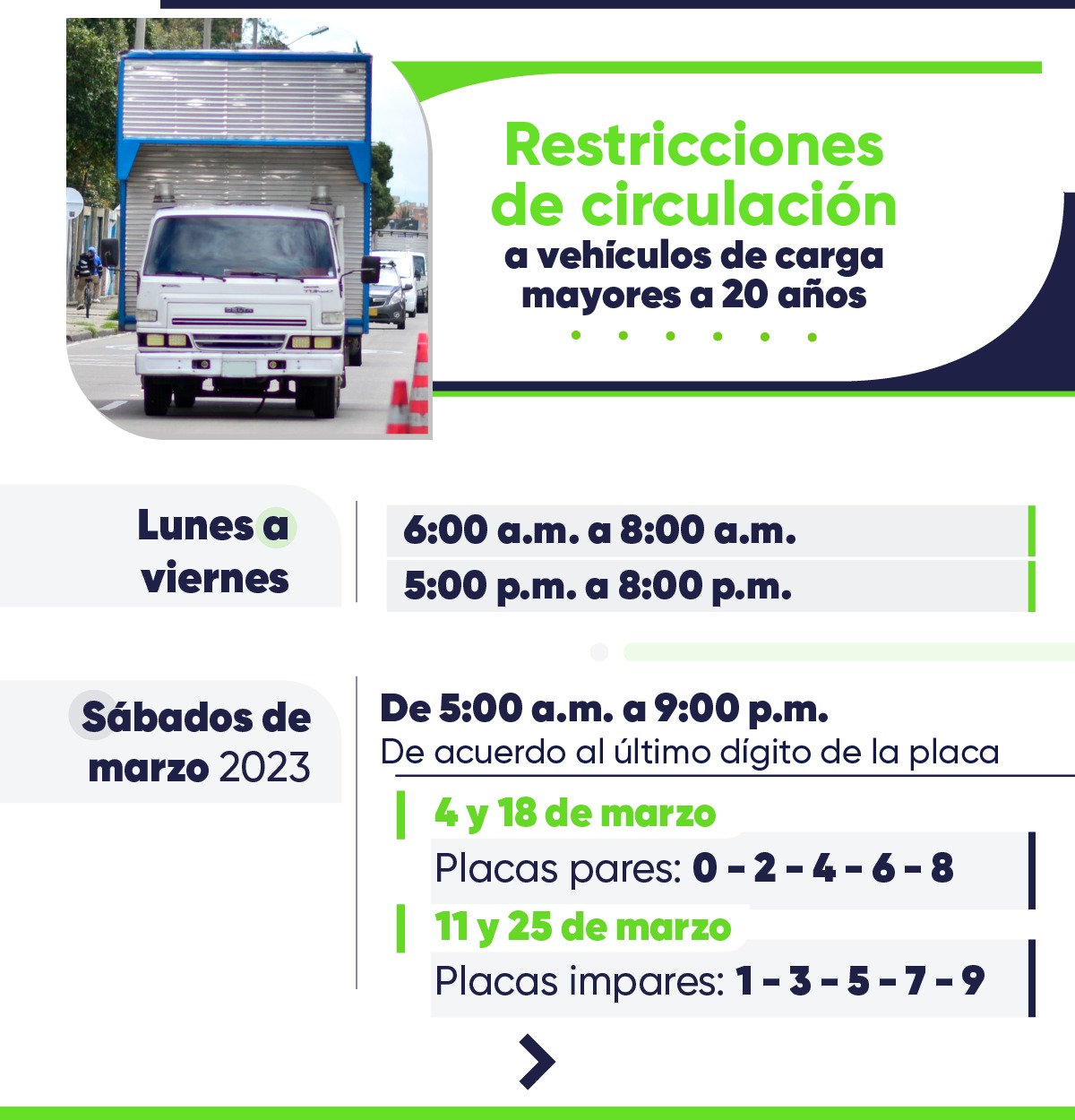 Pico y placa para vehículos de carga del 1 al 31 de en marzo en Bogotá