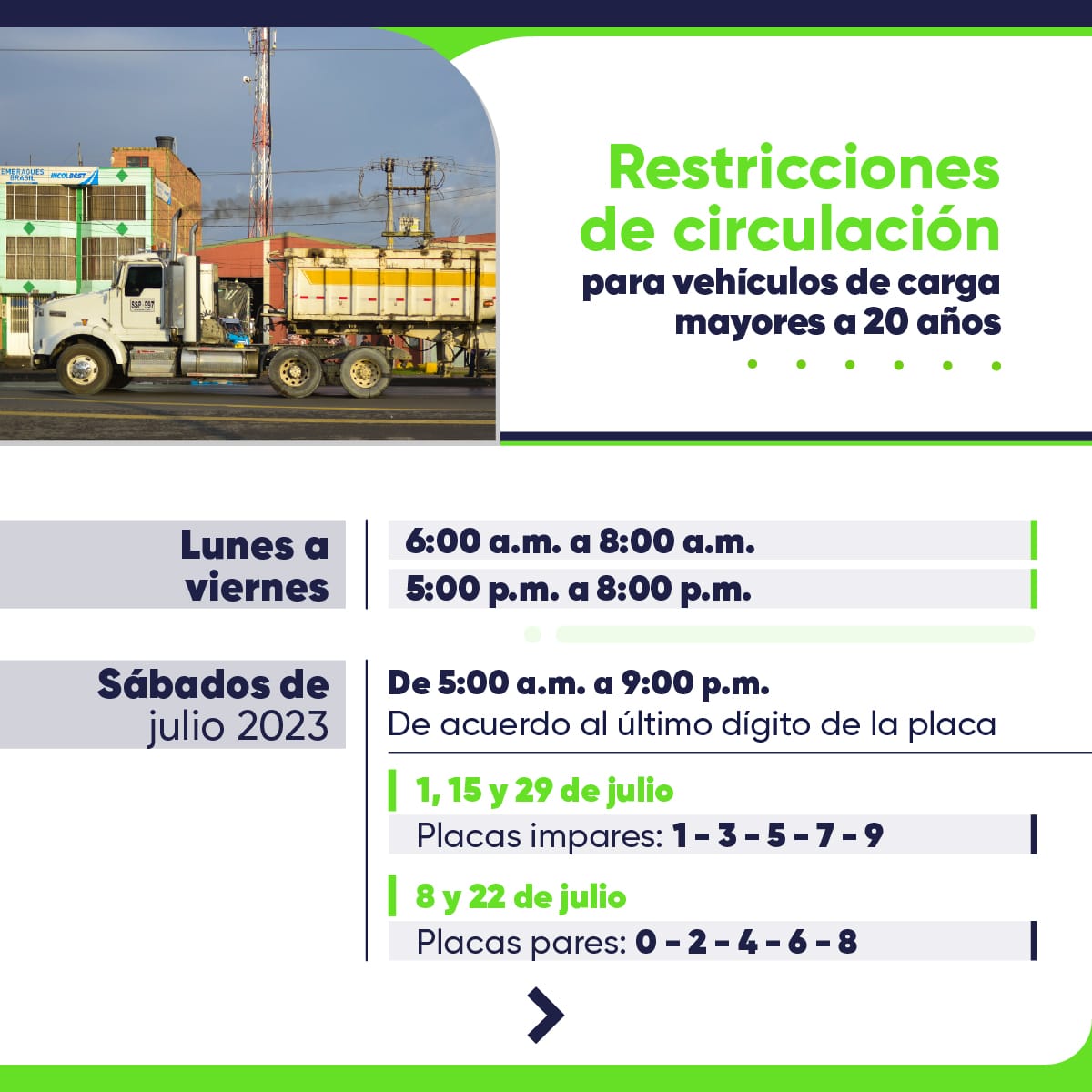 Pico y placa para vehículos de carga del 1 al 31 julio 2023 en Bogotá