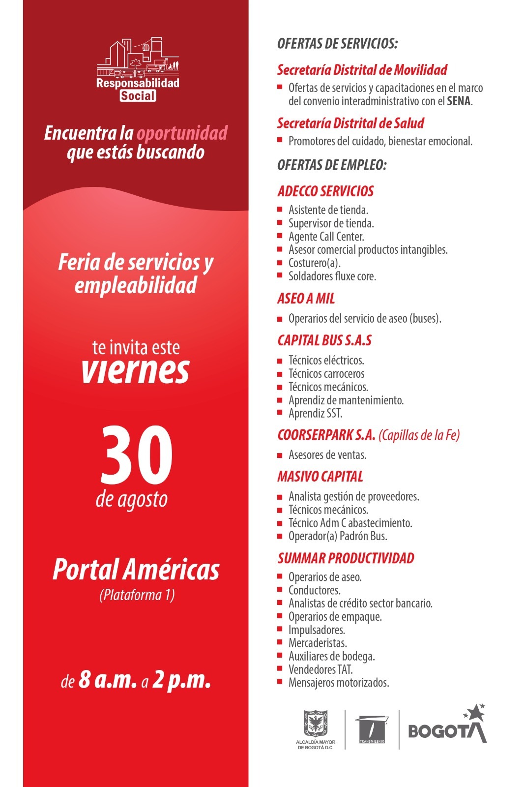 Feria de empleabilidad en Bogotá en Portal Américas 30 de agosto 2024