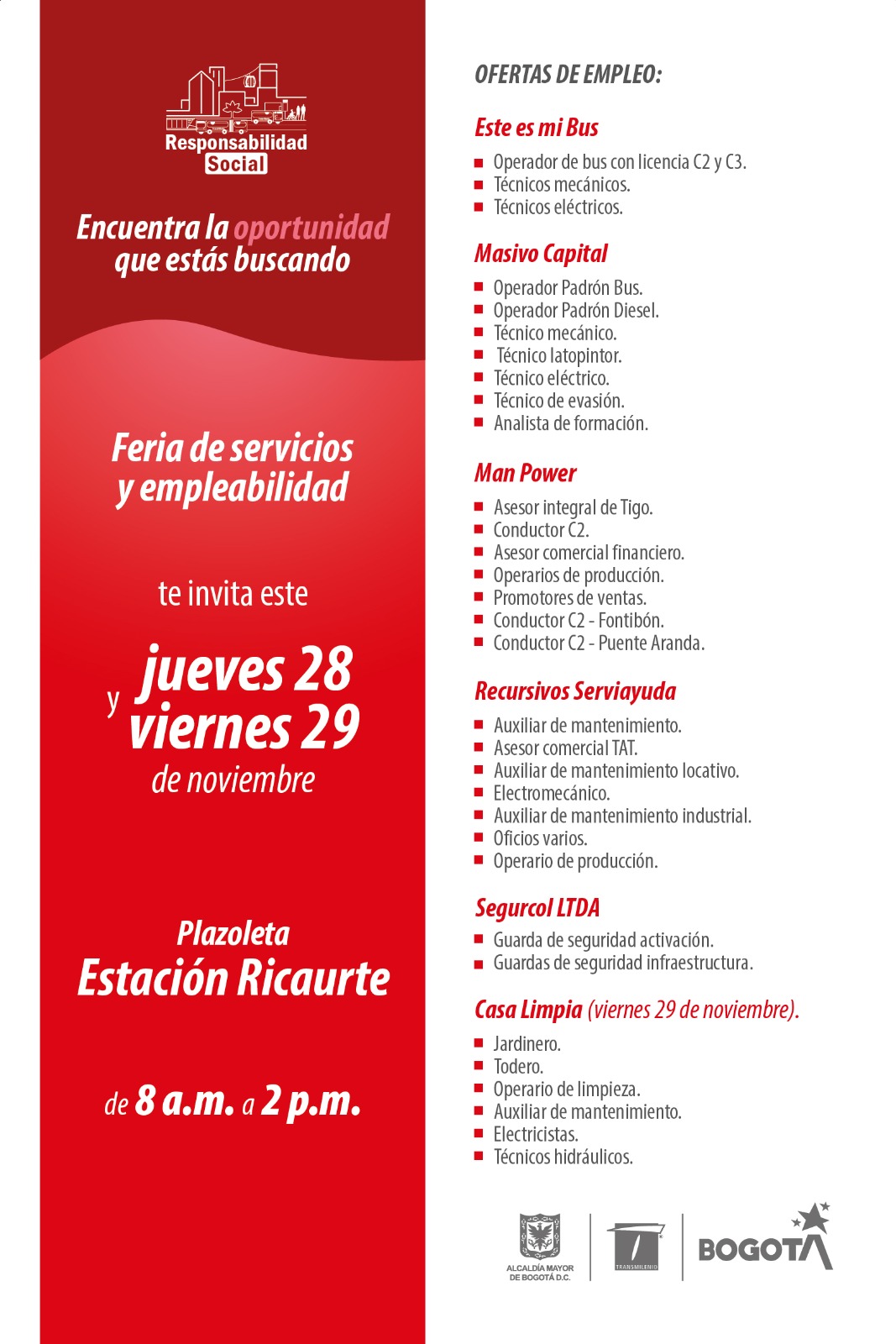 Trabajo en Bogotá feria en la estación Ricaurte 28 y 29 de noviembre