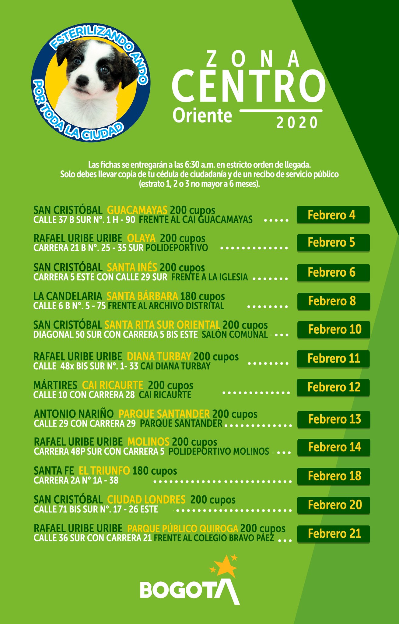 Información con los días de febrero en la zona centro de Bogotá
