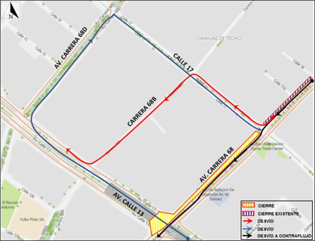 Movilidad Bogotá cierre en av carrera 68 entre av calle 13 y calle 17