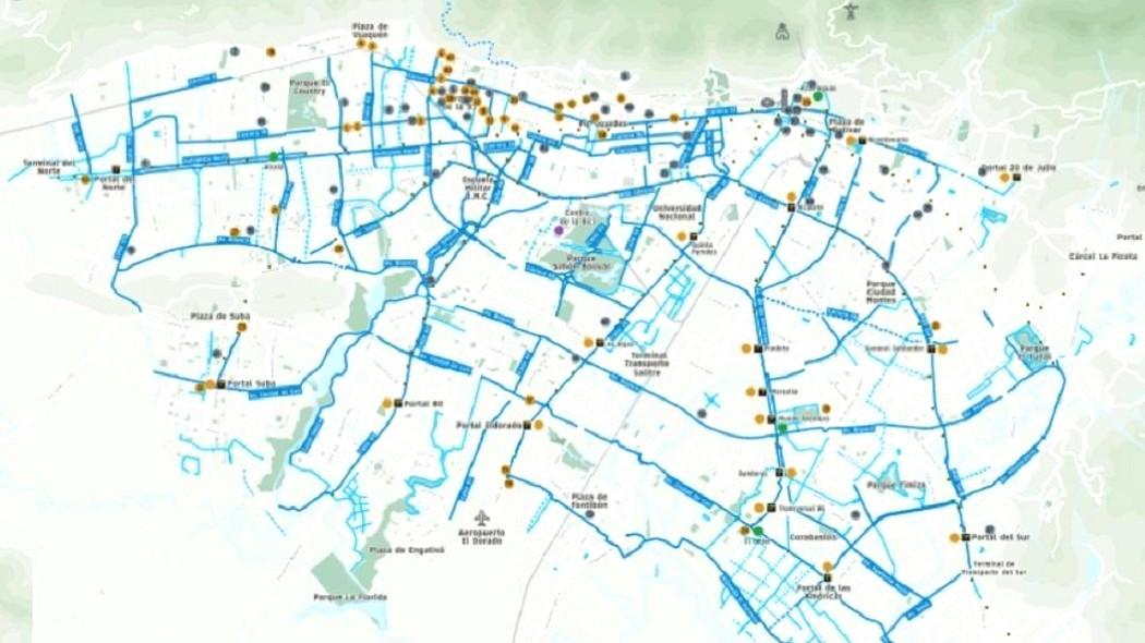Imagen del mapa de ciclorrutas en Bogotá