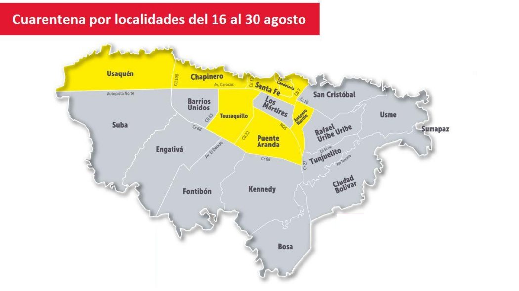 Localidades en cuarentena total entre el 23 de julio y el 6 de agosto: Usaquén, Chapinero, Santa Fe, La Candelaria, Teusaquillo, Puente Aranda y Antonio Nariño.