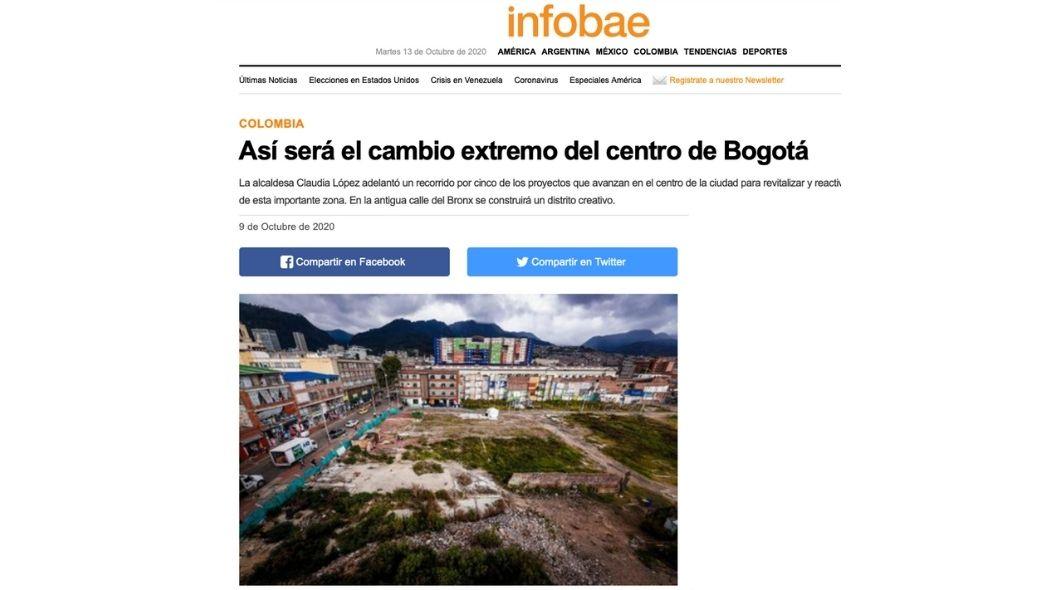 El medio Infobae rgistra la visita de la alcaldesa Claudia López a la zona de recuperación en el centro