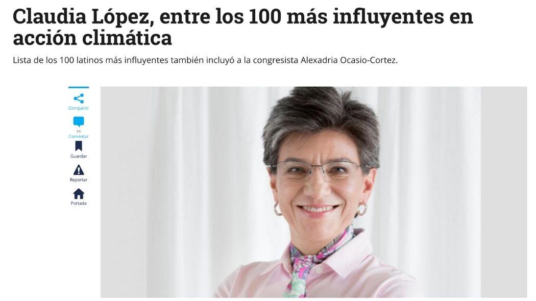 Reconocimiento al liderazgo de la alcaldesa de Bogotá, Claudia López por su compromiso con la crisis climática