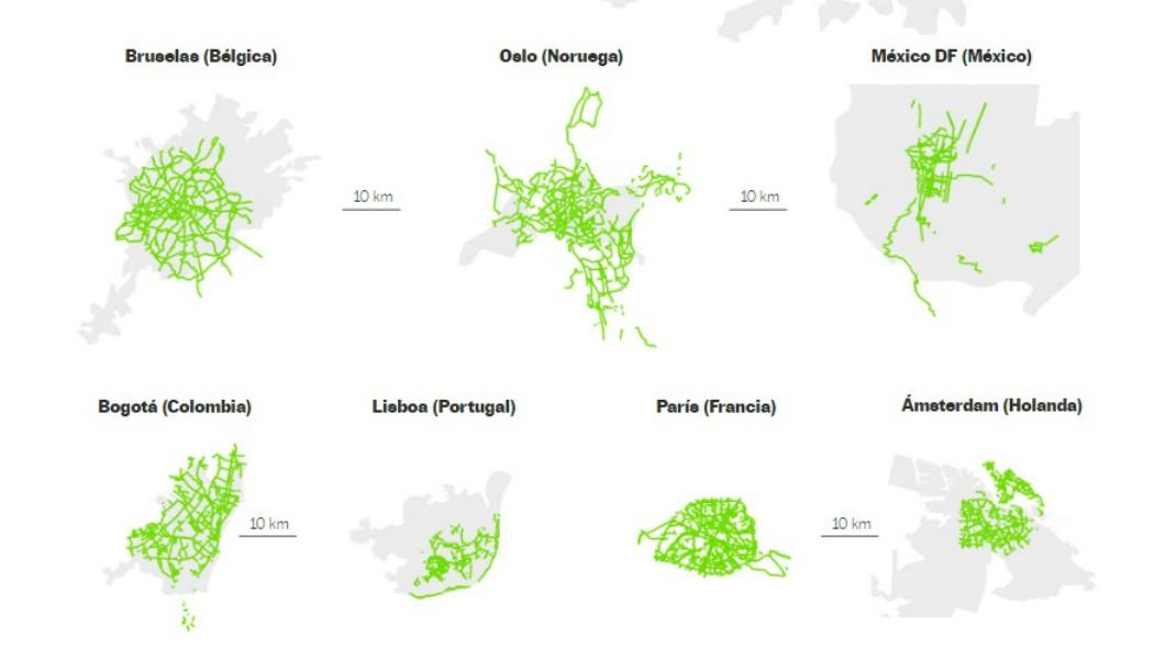 Photo of the newspaper El País maps of bicycle paths in various capitals