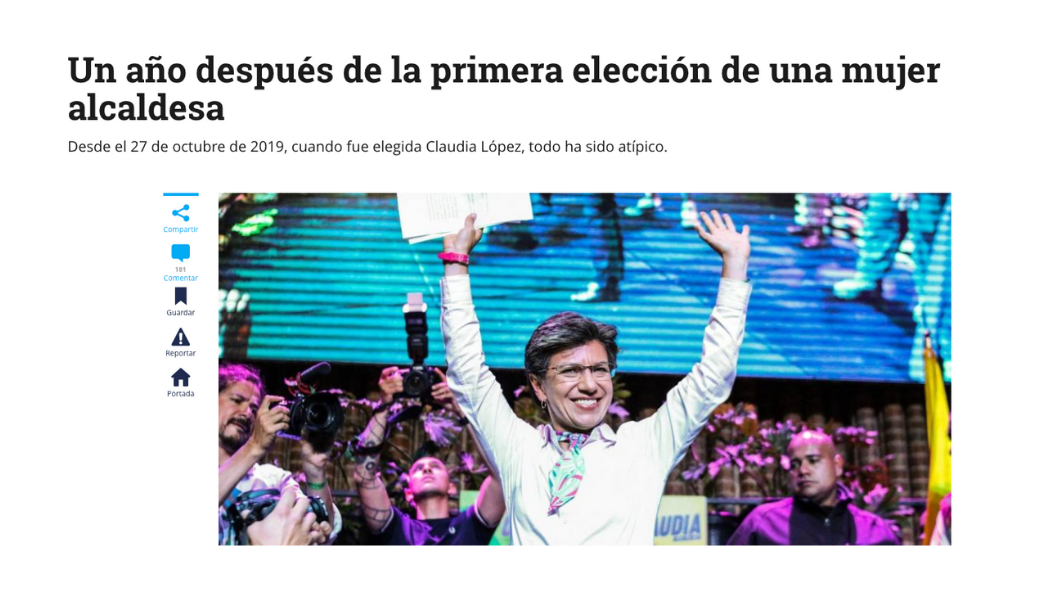El periódico El Tiempo hizo un balance, un año después de que Bogotá eligiera a Claudia López como alcaldesa de la capital.