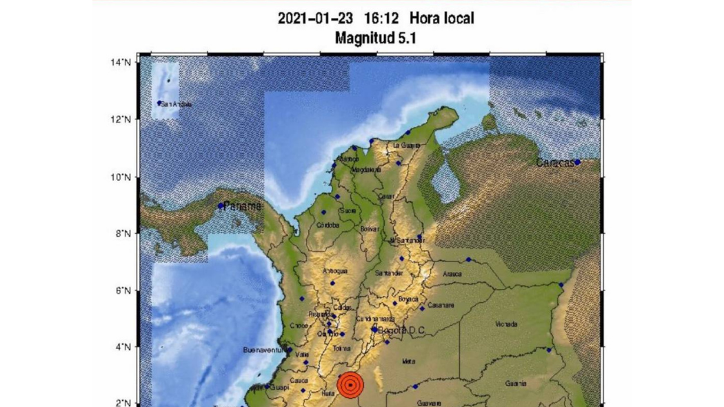 Mapa del sismo de 5.1 en Baraya - Huila