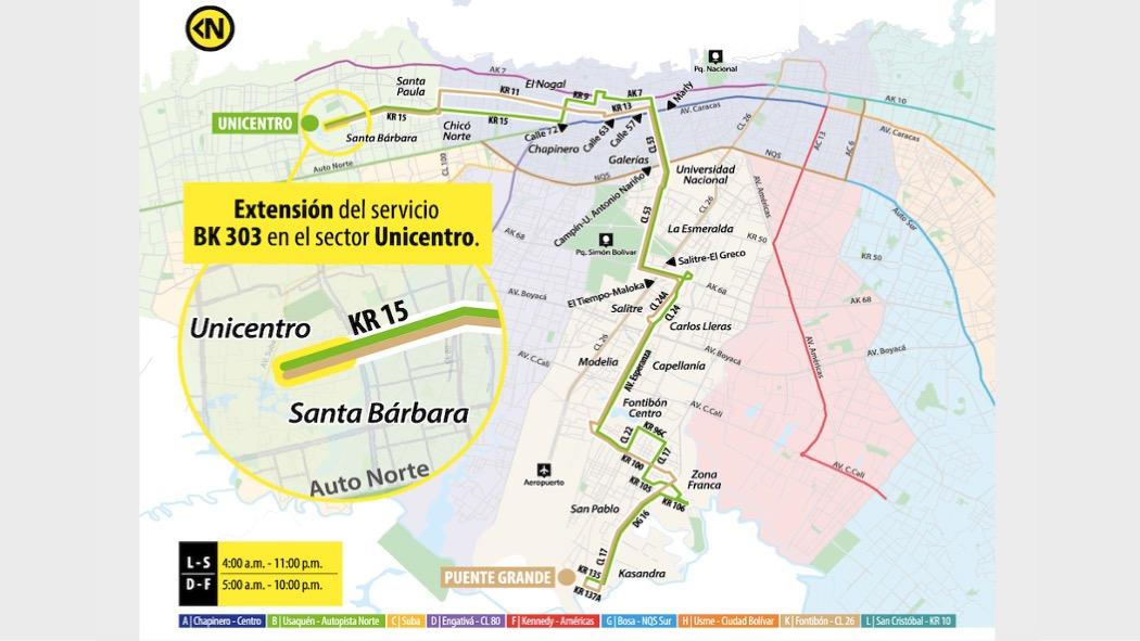 Mapa de la ruta B303 - Unicentro / K303 - Puente Grande