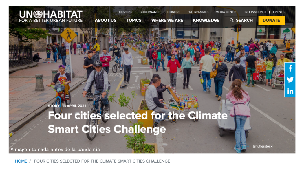 Hoy 14 de abril, ONU-Hábitat anunció oficialmente que Bogotá fue seleccionada para participar en la iniciativa de innovación Climate Smart Cities Challenge. El objetivo de este reto es desarrollar, probar y ampliar soluciones de vanguardia para reducir las emisiones de gases de efecto invernadero