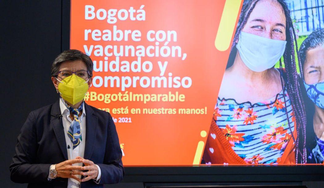 Claudia López durante la alocución de Bogotá reabre.