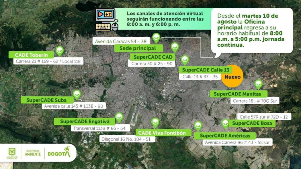 La Secretaría de Ambiente cuenta con otros nueve puntos de atención presencial en toda Bogotá. Pieza: SDA