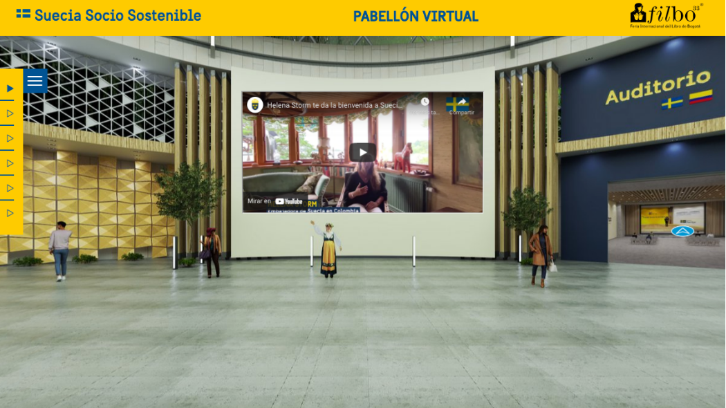 El pabellón virtual de Suecia en la FILBo 2021, cuenta con cinco espacios; Suecia y Colombia, Clásicos de Suecia; Suecia Transforma; un auditorio y una librería sueca. 