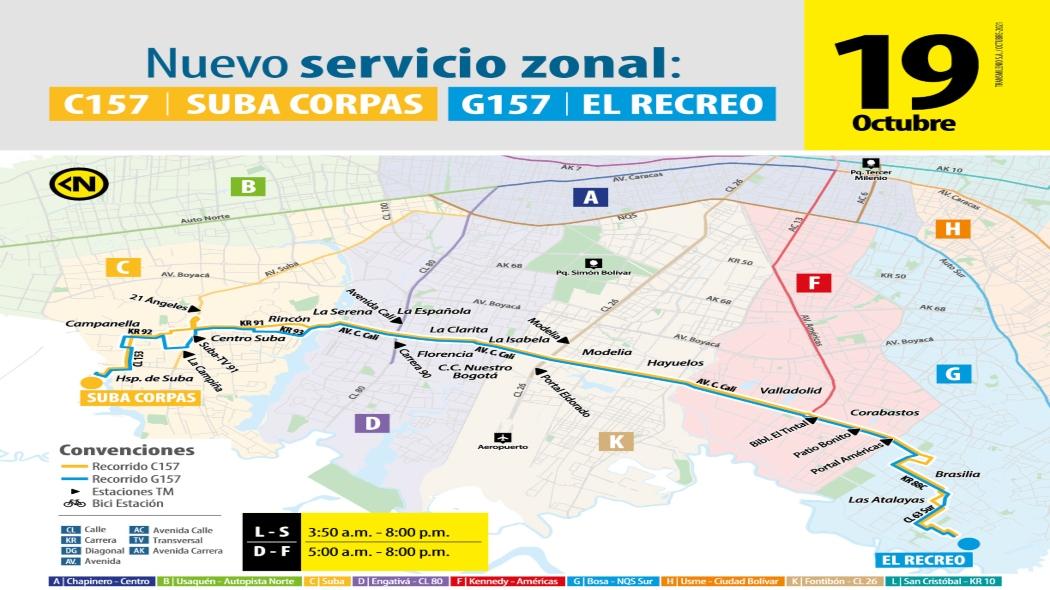 Nueva ruta zonal C157- G157, que conectará al barrio Suba Corpas con El Recreo.