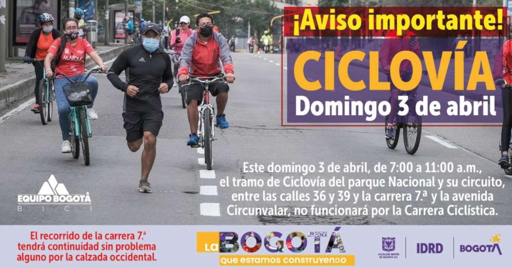 Cierres y desvíos que tendrá de la Ciclovía de Bogotá este 3 de abril